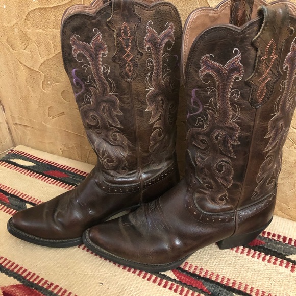 Justin Women”s Stampede Chocolate Puma Western Cowgirl Boots Purple Heart 6.5B - Picture 5 of 15